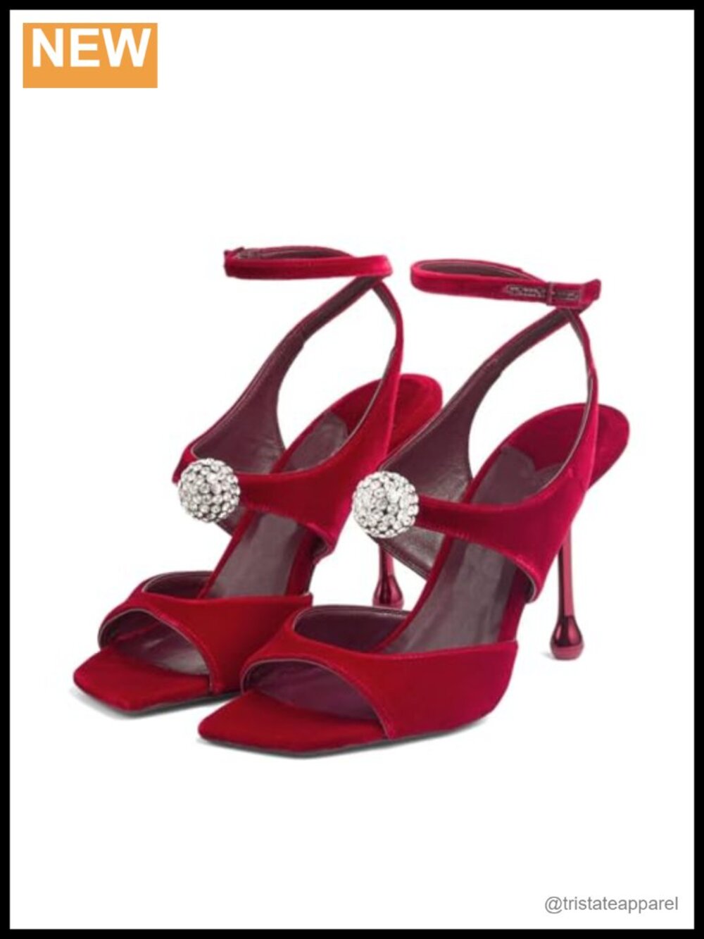 Velvet Rhinestone High Heel Sandals Square Open Toe Ankle Strap Stiletto Heels
